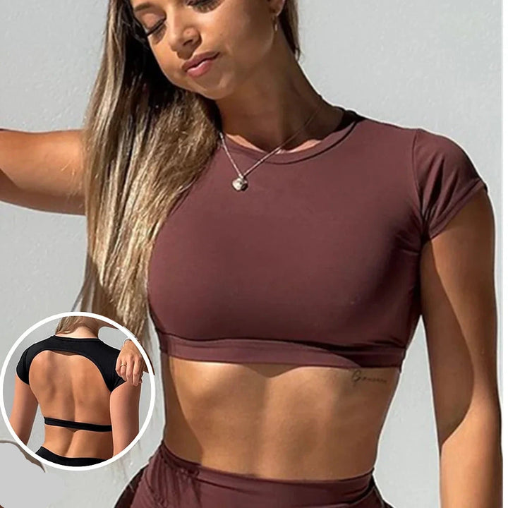 MotionMoxie® Pad Nylon Sports Shirt - Backless Workout Crop Top