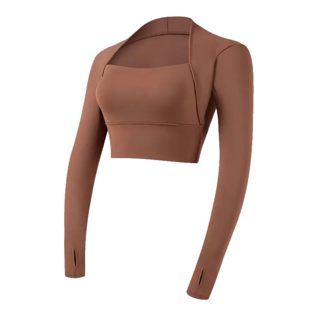 MotionMoxie® 2024 Nylon Long Sleeve Gym Top - Padded Crop & Fleece