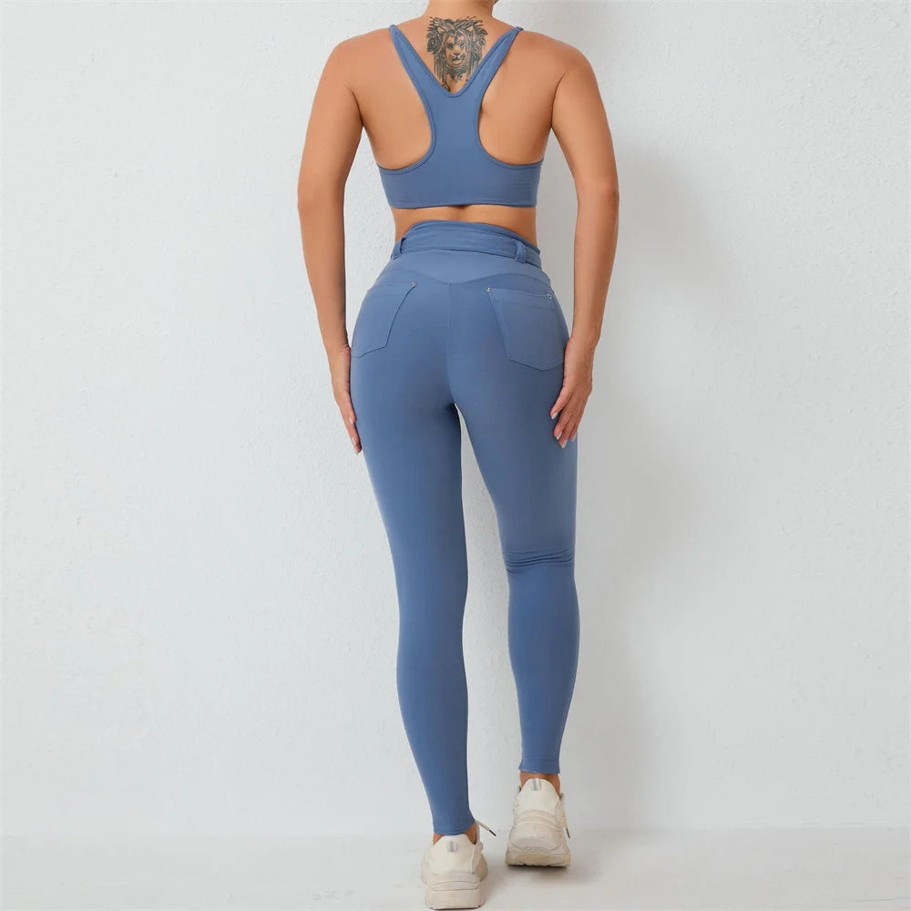 MotionMoxie® 1/2PCS Yoga Set - Buckle Belt Crop Top & High Waist Leggings