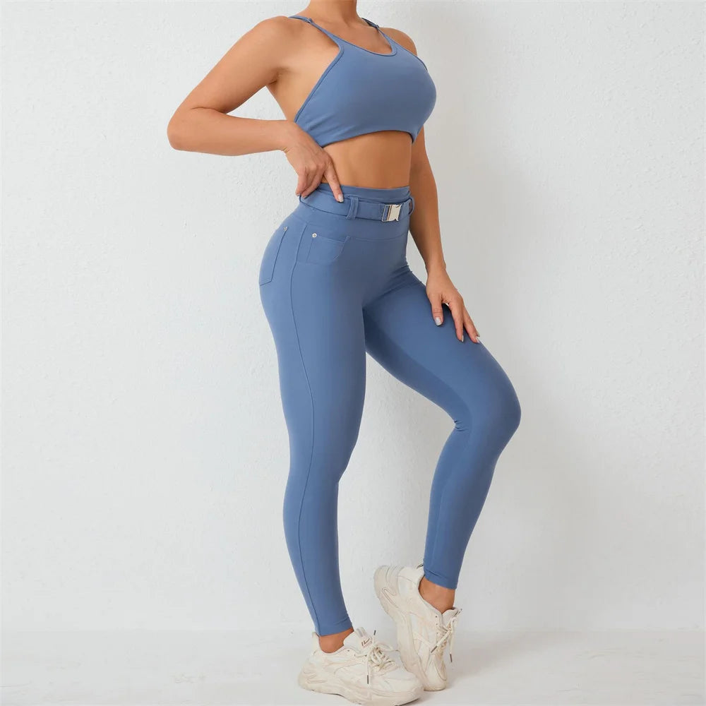 2024 1/2PCS Buckle Belt Yoga Set Women Sport Gym Squat Proof High Waist Leggings Workout Pant Fitness Crop Top Activewear Suit